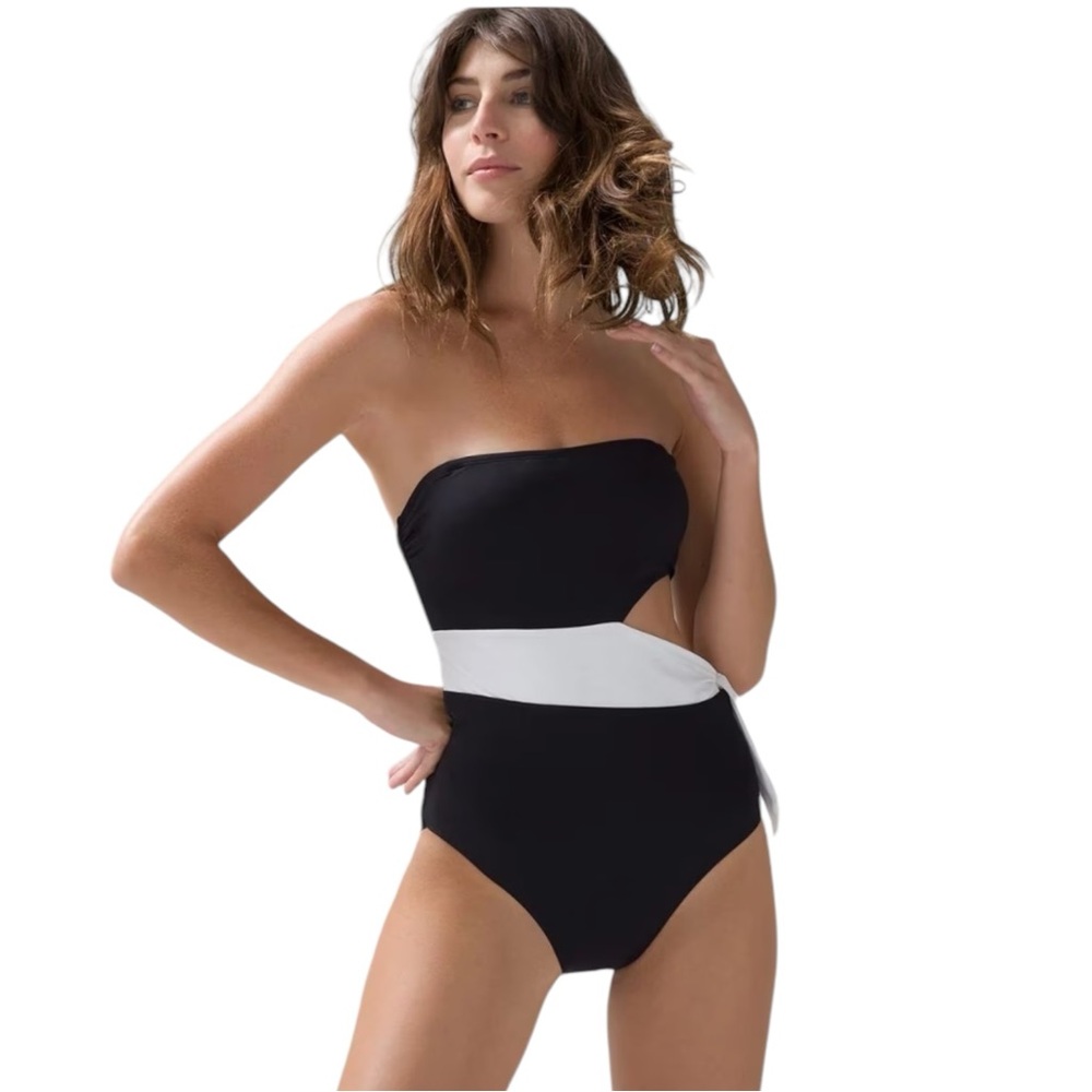 WHBM One Piece Tie Waist Black White Removable Straps Coquette UV Protect New L